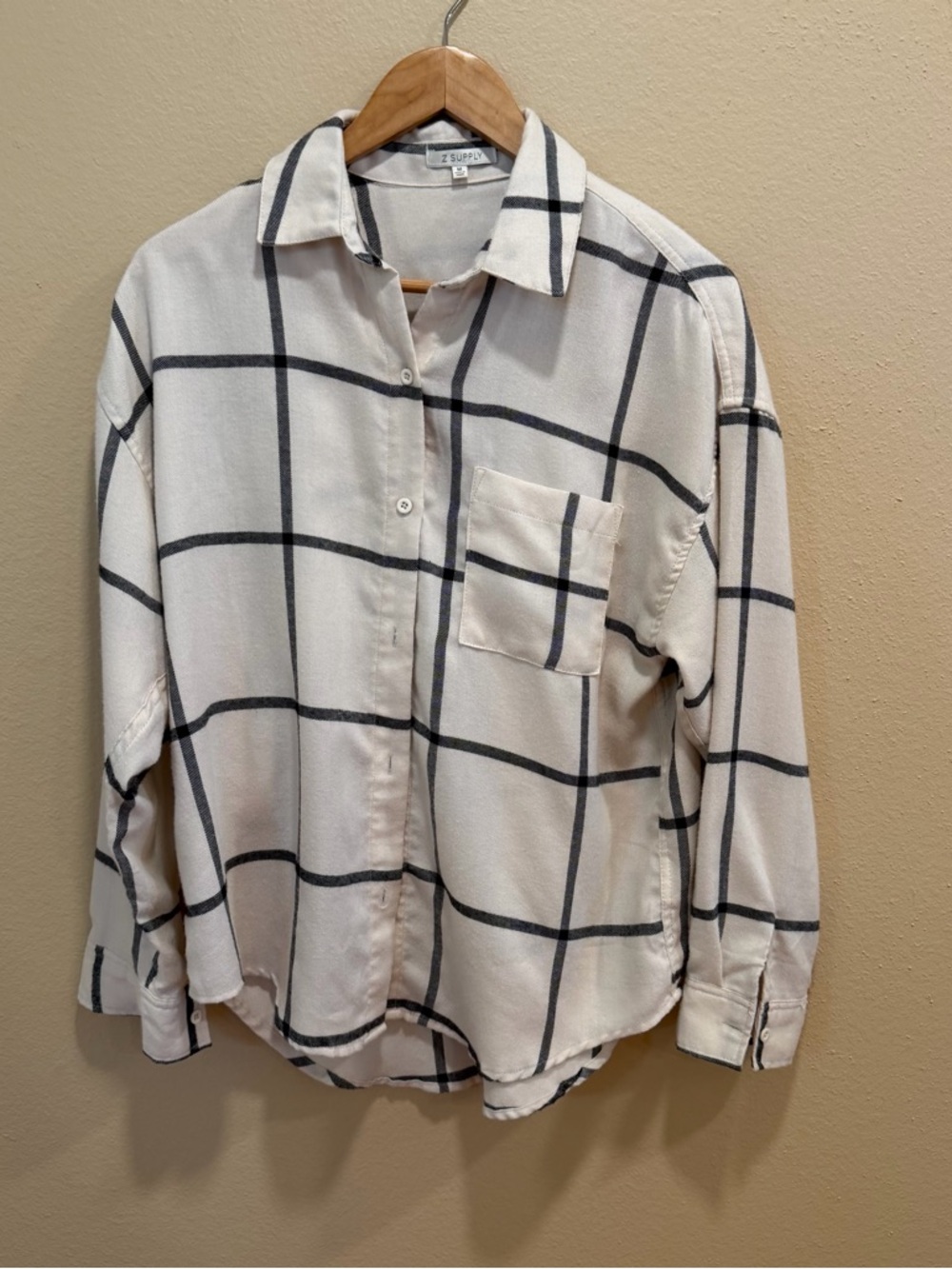Z Supply Beige Windowpane Button-Up Shirt - Oversized Plaid Soft Flannel Medium - Picture 12 of 13